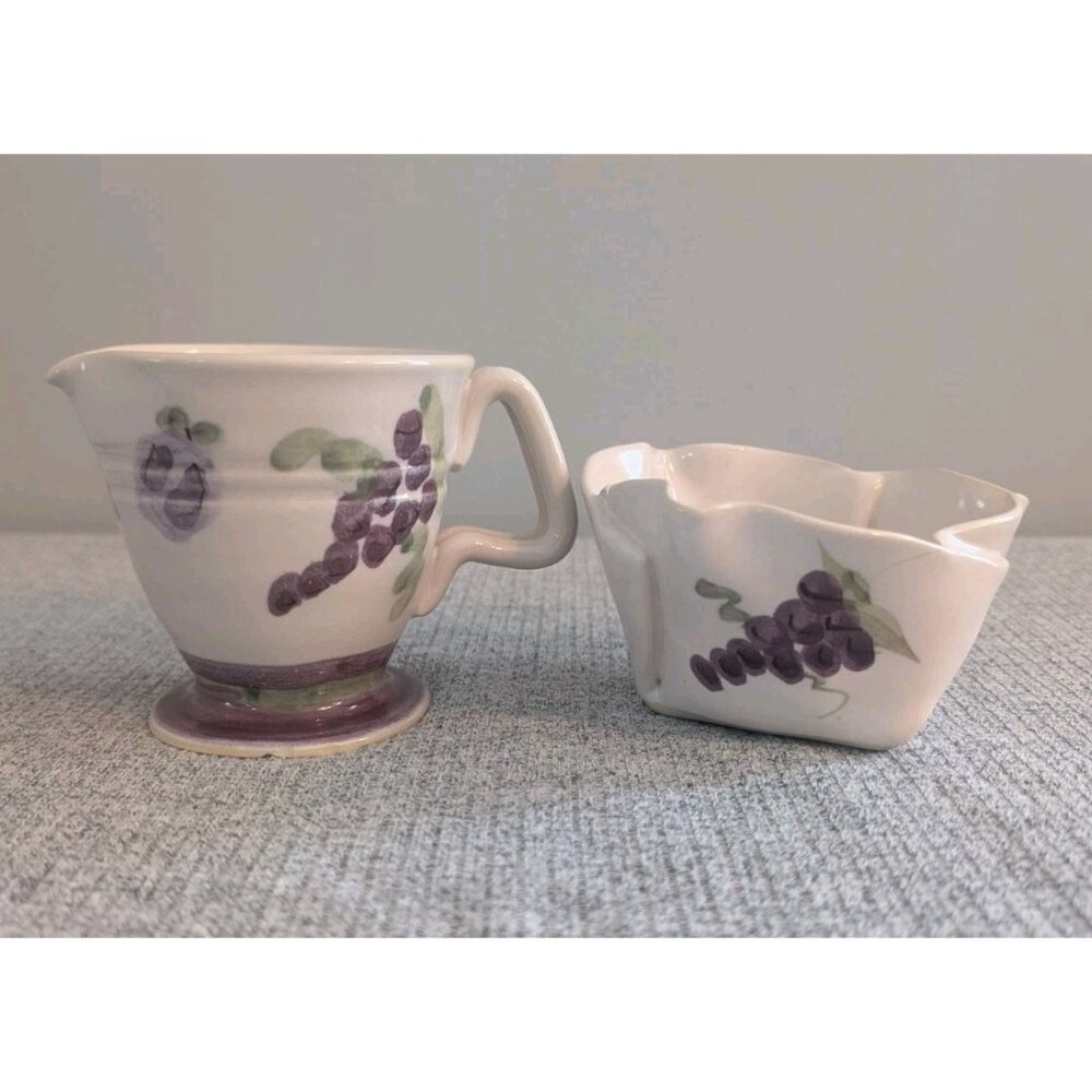Hilborn Pottery Creamer and Folded Sugar Bowl, Grape Themed, VGC